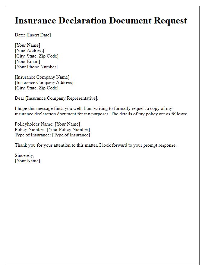 Letter template of insurance declaration document request for tax purposes.