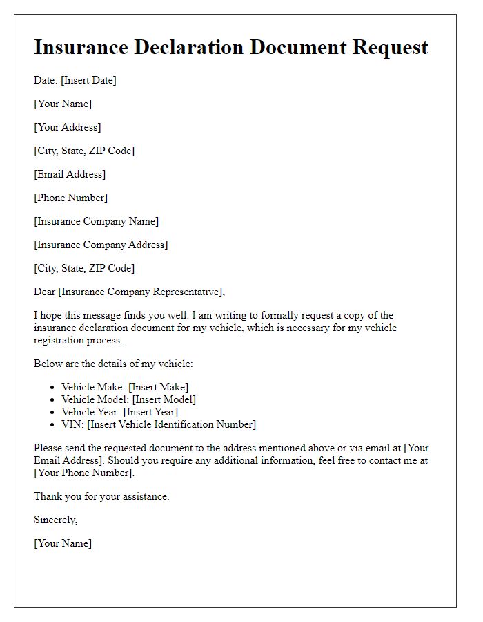 Letter template of insurance declaration document request for vehicle registration.