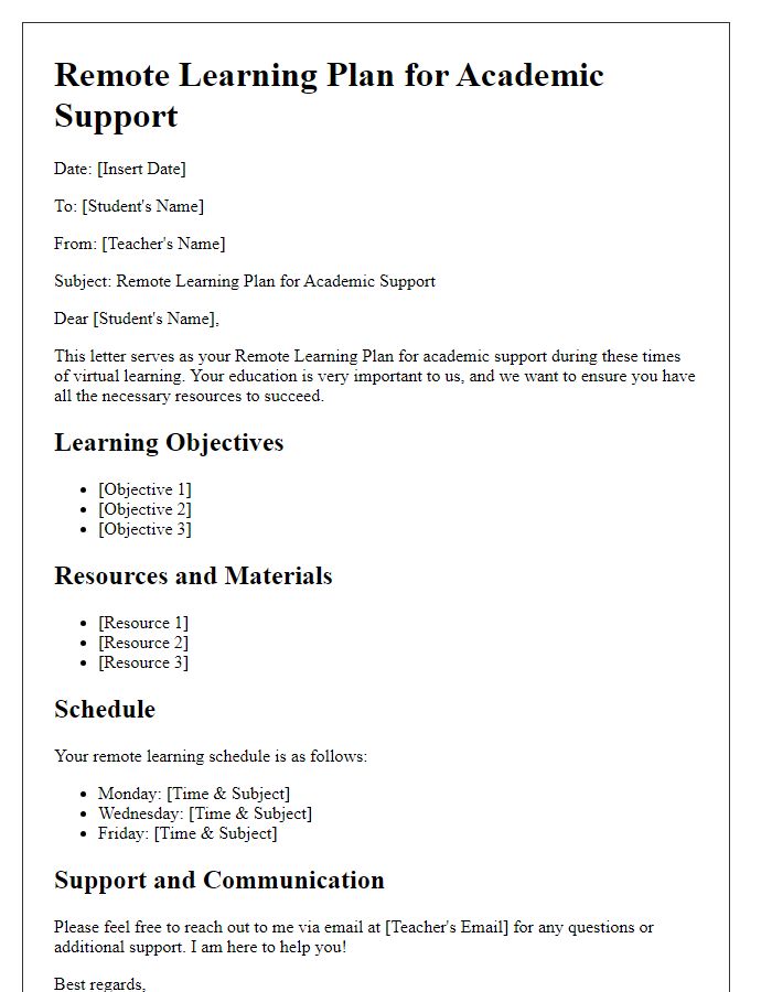 Letter template of a Remote Learning Plan for Academic Support