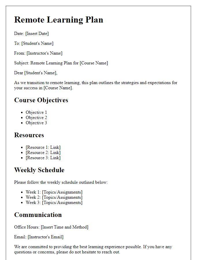 Letter template of a Remote Learning Plan for College Students