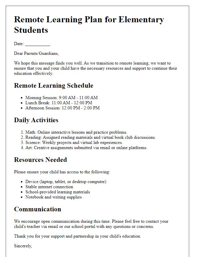 Letter template of a Remote Learning Plan for Elementary Students