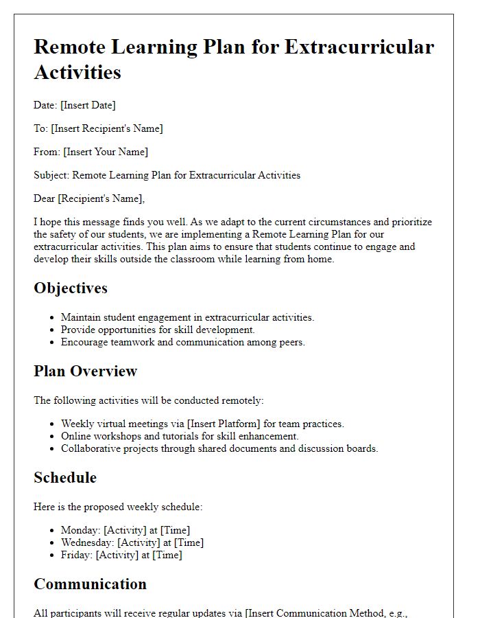 Letter template of a Remote Learning Plan for Extracurricular Activities