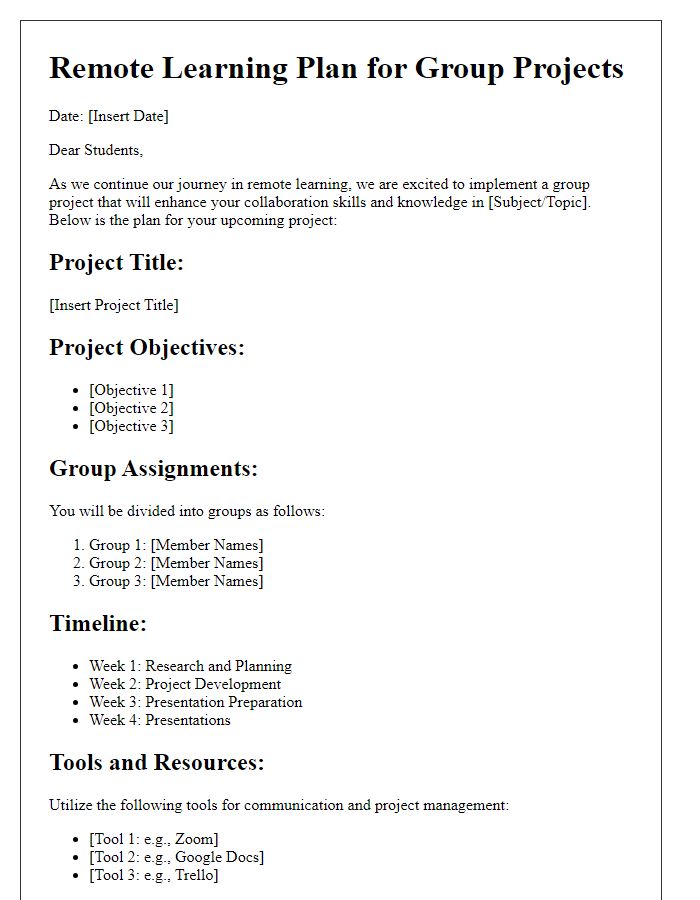 Letter template of a Remote Learning Plan for Group Projects