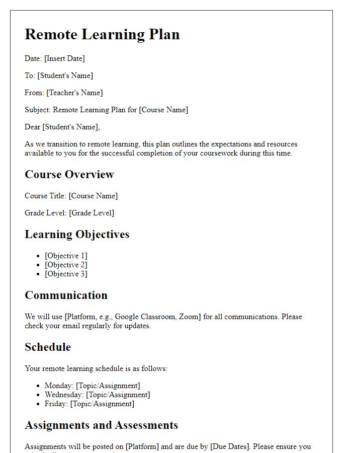 Letter template of a Remote Learning Plan for High School Students