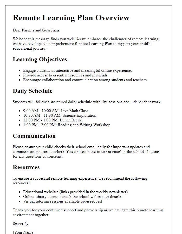 Letter template of a Remote Learning Plan for Parents