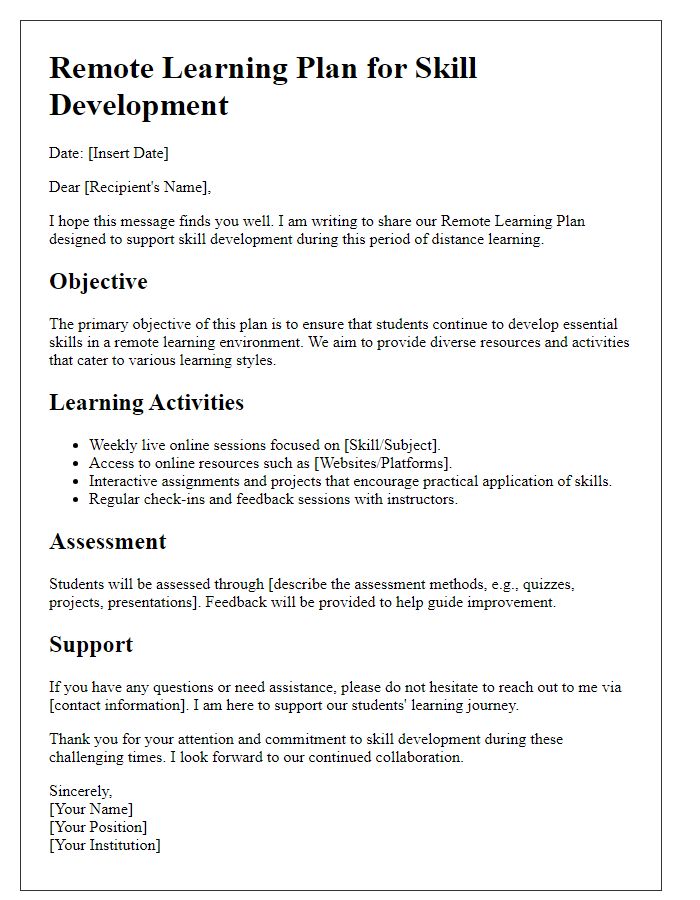 Letter template of a Remote Learning Plan for Skill Development