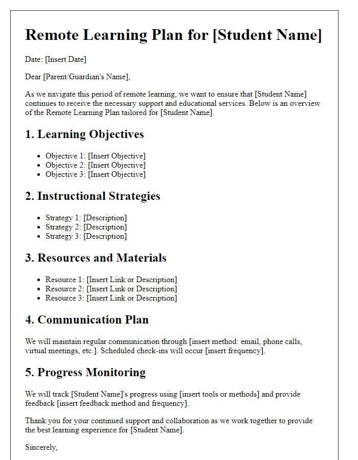 Letter template of a Remote Learning Plan for Special Education