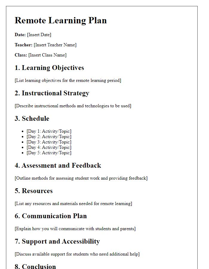 Letter template of a Remote Learning Plan for Teachers