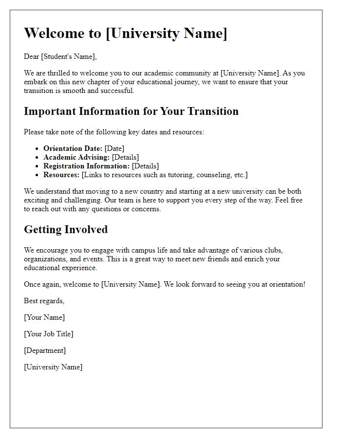 Letter template of academic transition for international student onboarding.