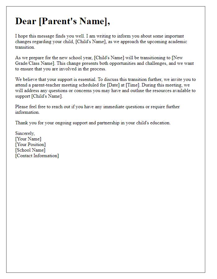 Letter template of academic transition for parent-teacher meetings regarding changes.