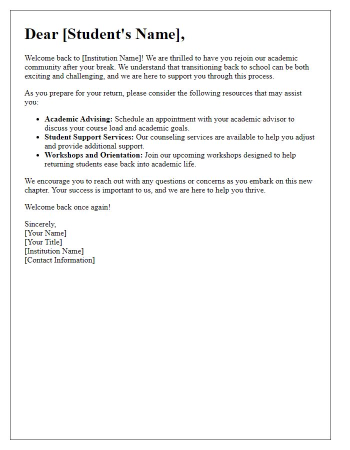 Letter template of academic transition for returning students after a break.