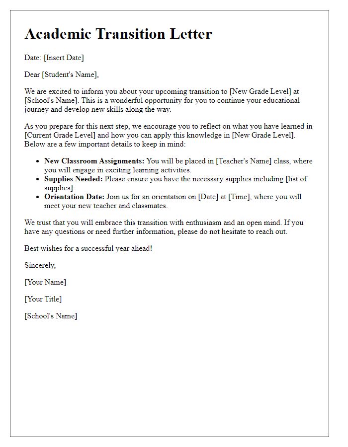 Letter template of academic transition for students moving to a new grade level.