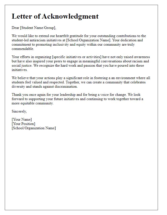 Letter template of acknowledgment for student-led antiracism initiatives