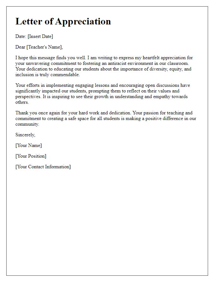 Letter template of appreciation for antiracism classroom efforts