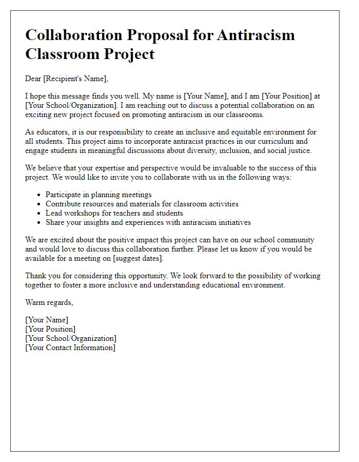 Letter template of collaboration for antiracism classroom project