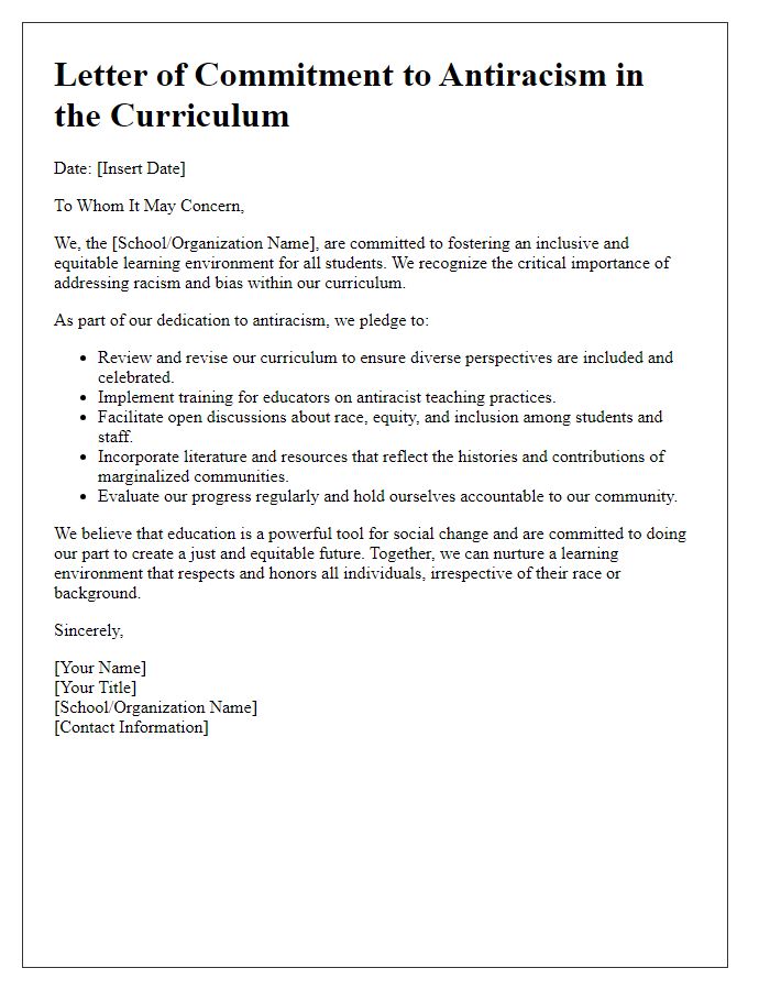 Letter template of commitment to antiracism in the curriculum