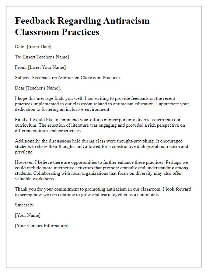 Letter template of feedback regarding antiracism classroom practices