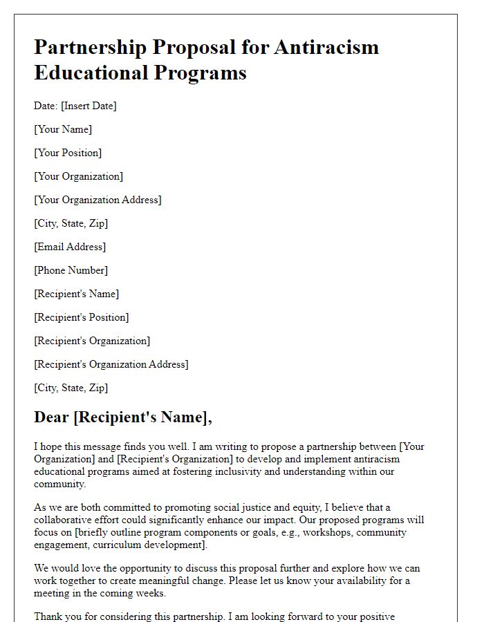 Letter template of partnership proposal for antiracism educational programs