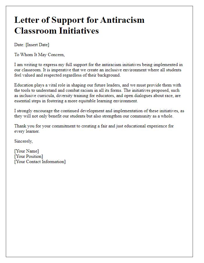 Letter template of support for antiracism classroom initiatives