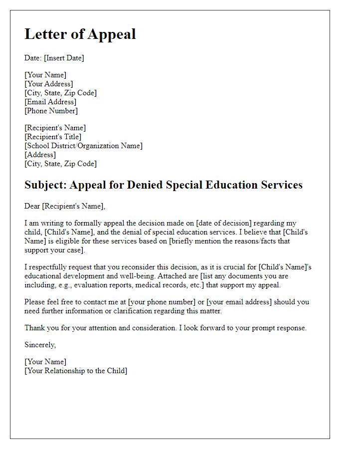 Letter template of appeal for denied special education services