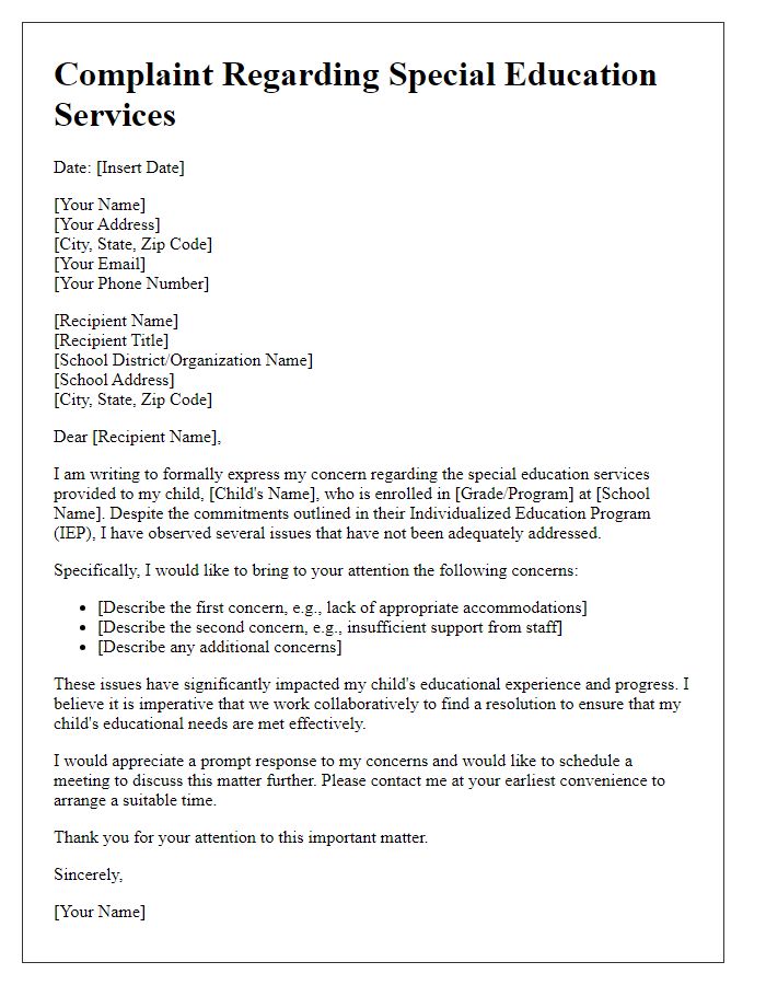 Letter template of complaint regarding special education services