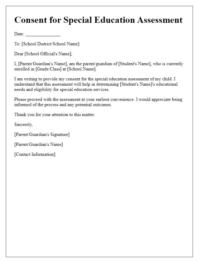 Letter template of consent for special education assessment