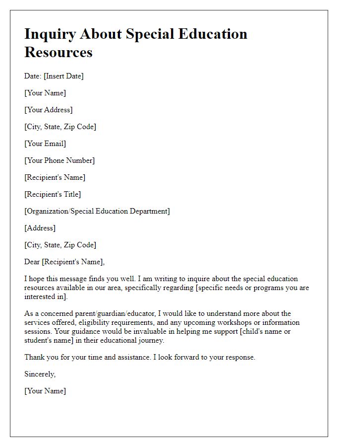 Letter template of inquiry about special education resources