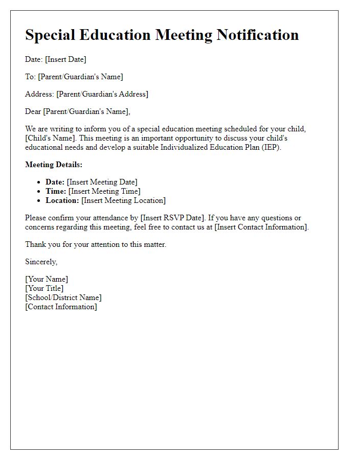 Letter template of notification for special education meeting