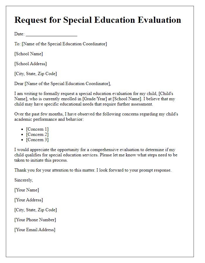 Letter template of request for special education evaluation