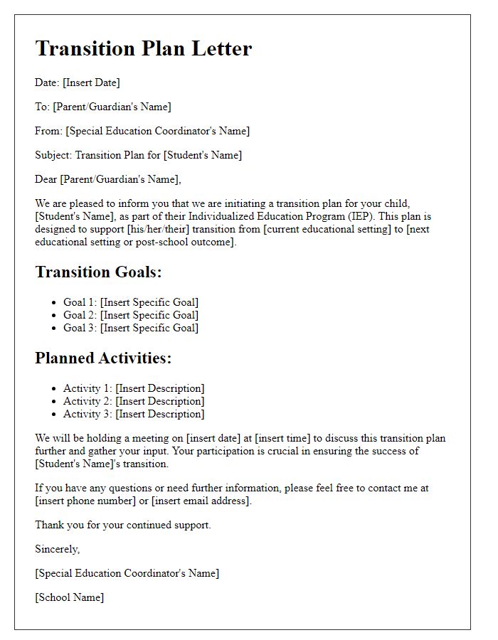 Letter template of transition plan for special education students