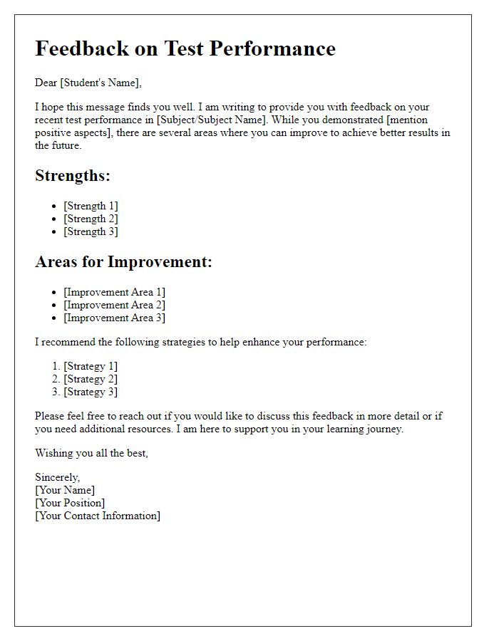 Letter template of feedback for improving test performance.