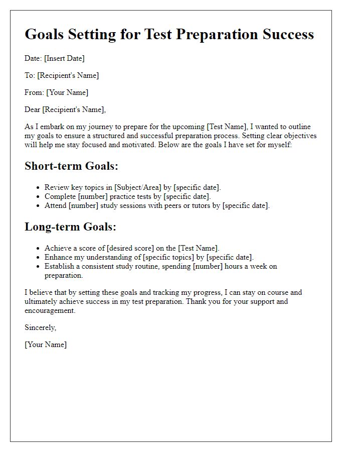 Letter template of goals setting for test preparation success.