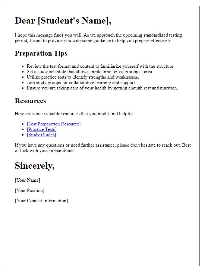 Letter template of guidance for standardized testing preparation.