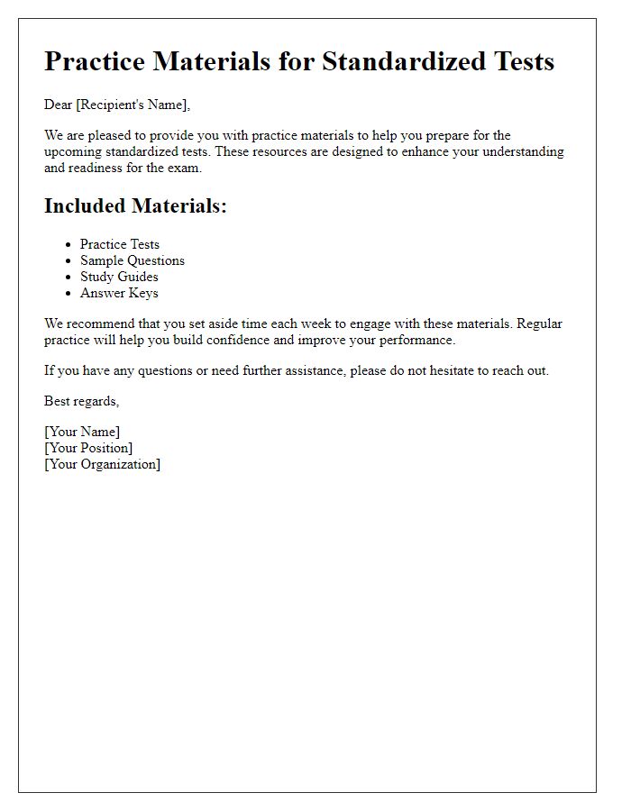 Letter template of practice materials for standardized tests.