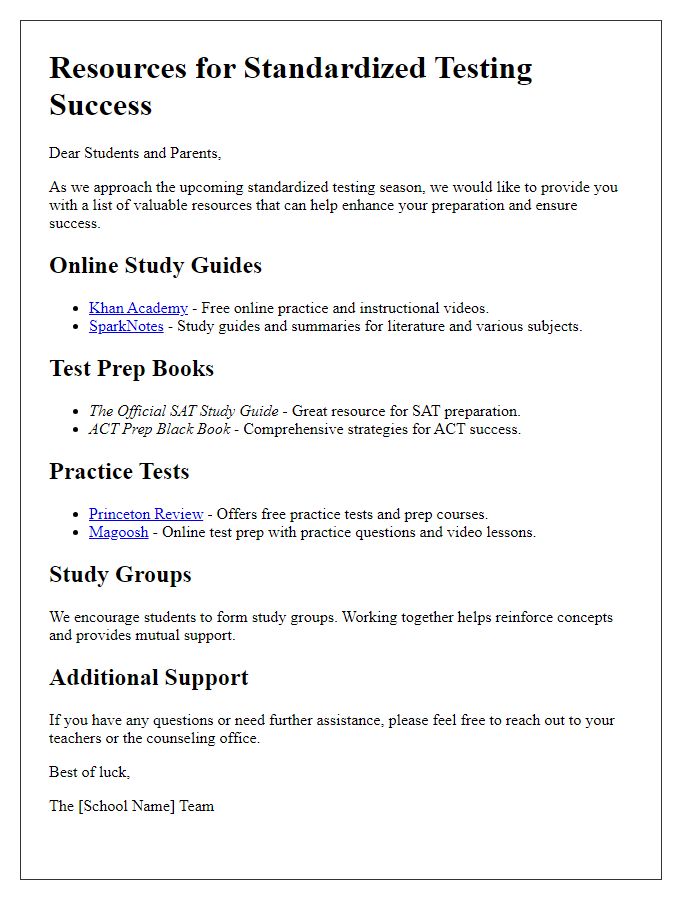 Letter template of resources for standardized testing success.