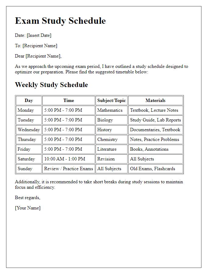 Letter template of schedules for optimal studying for exams.