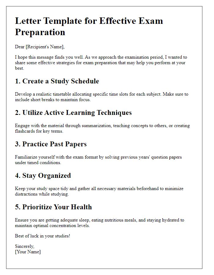 Letter template of strategies for effective exam preparation.