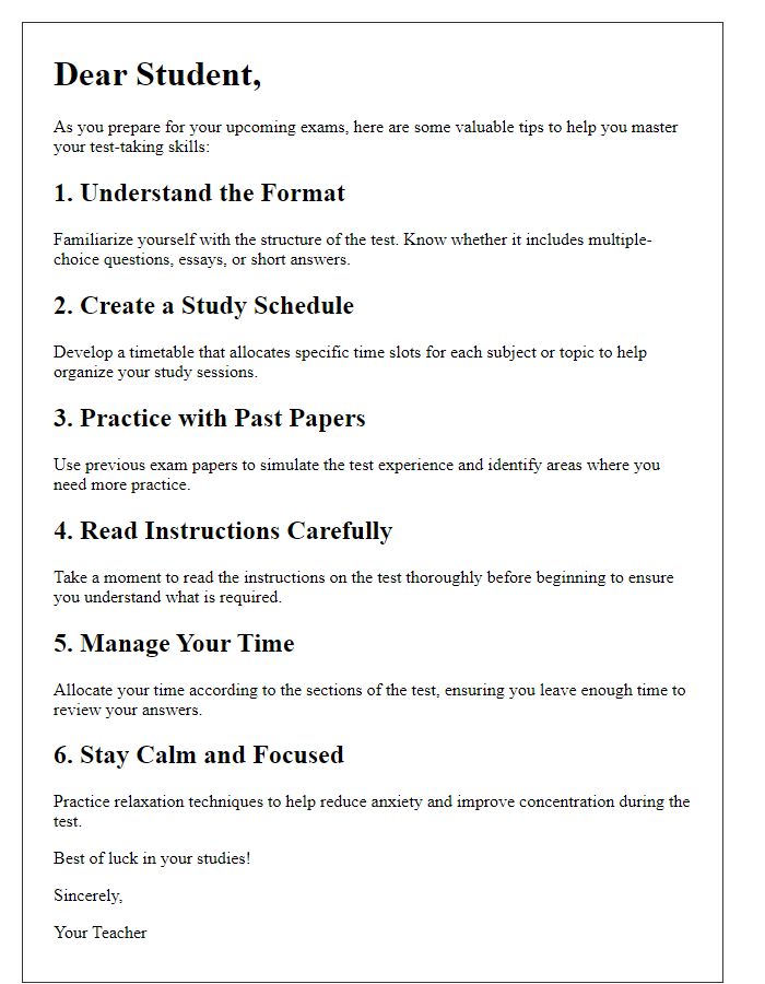 Letter template of tips for mastering test-taking skills.