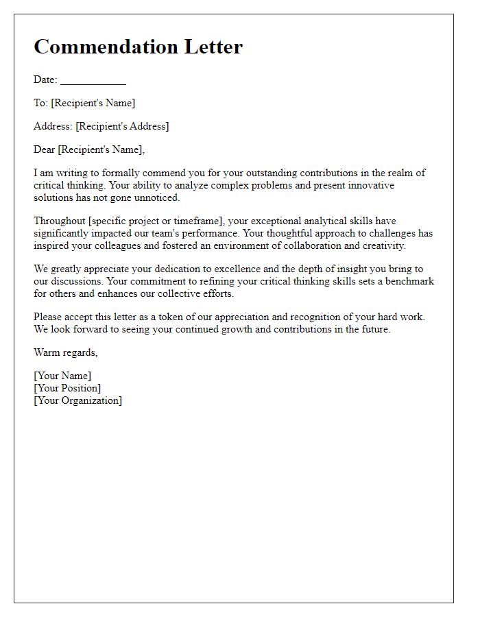 Letter template of a commendation for outstanding critical thinking work