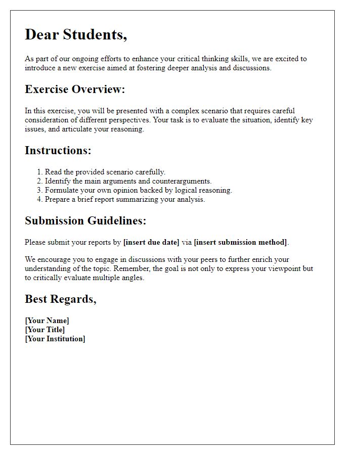 Letter template of a critical thinking exercise for students