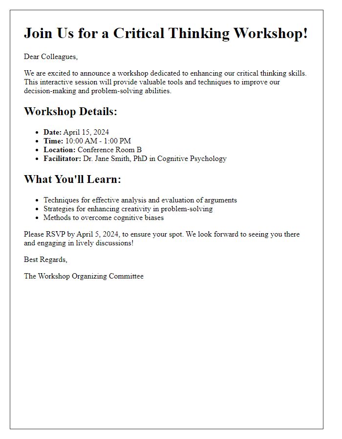 Letter template of a critical thinking workshop announcement