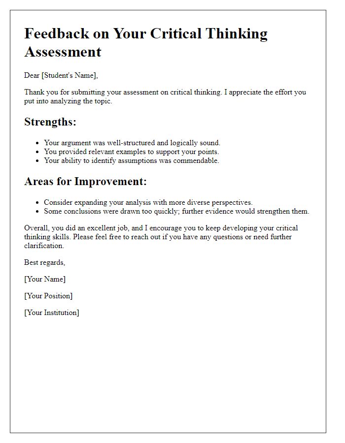 Letter template of feedback on a critical thinking assessment