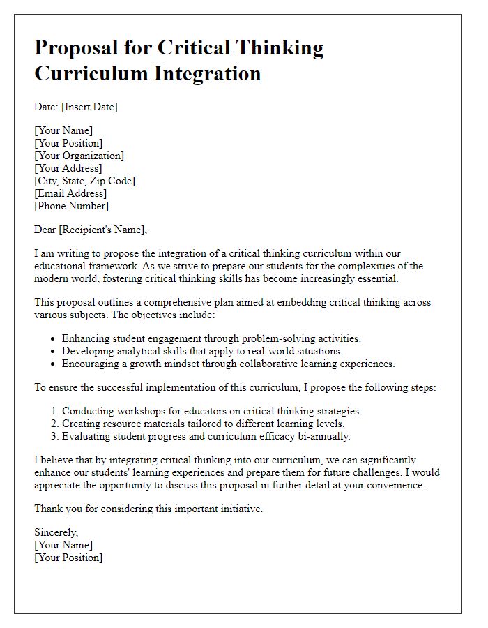 Letter template of a proposal for critical thinking curriculum integration