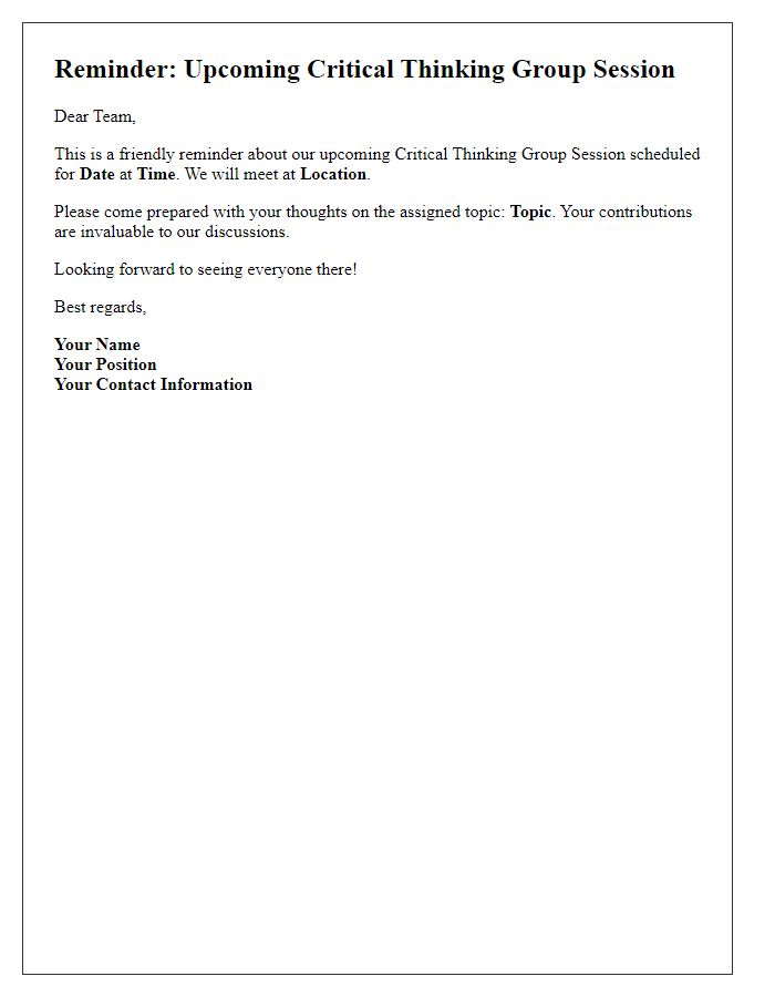 Letter template of a reminder for critical thinking group session