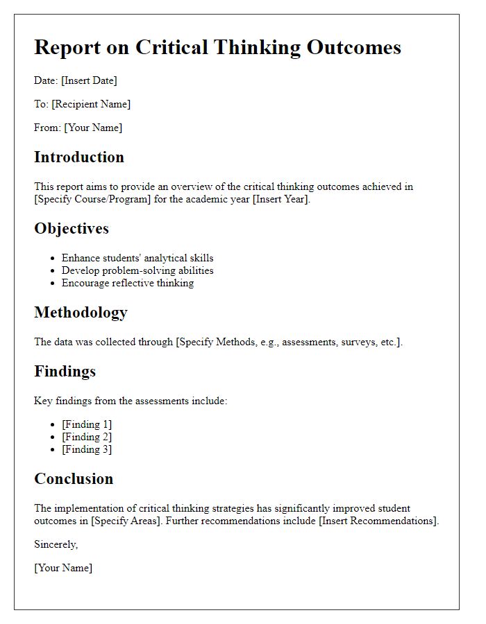 Letter template of a report on critical thinking outcomes