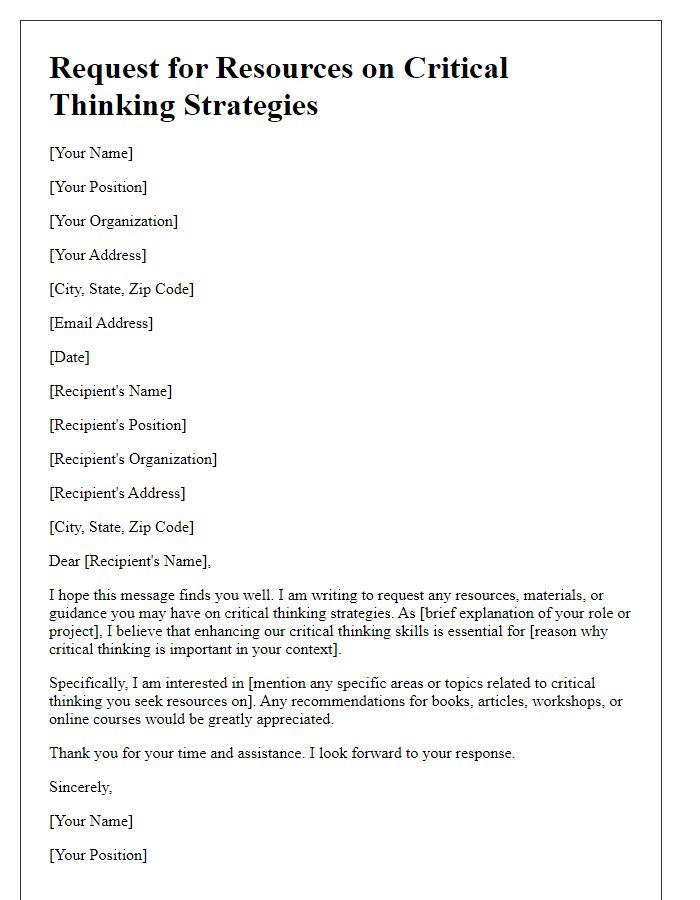 Letter template of a request for resources on critical thinking strategies