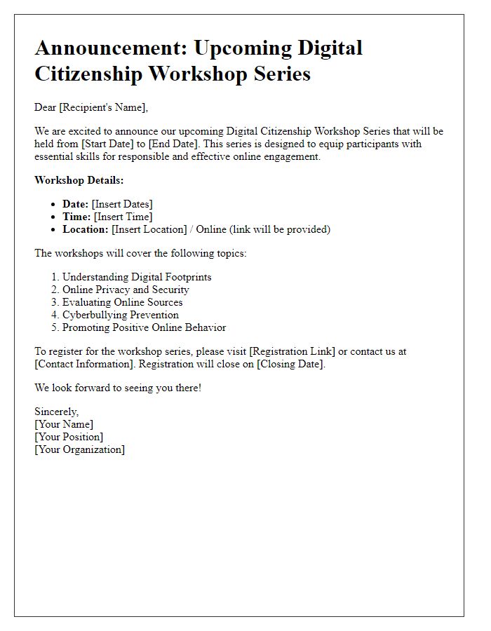 Letter template of announcement for upcoming digital citizenship workshop series.