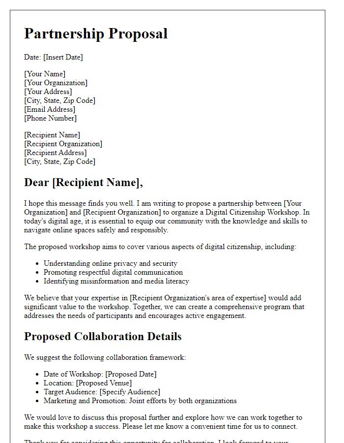 Letter template of partnership proposal for organizing digital citizenship workshop.