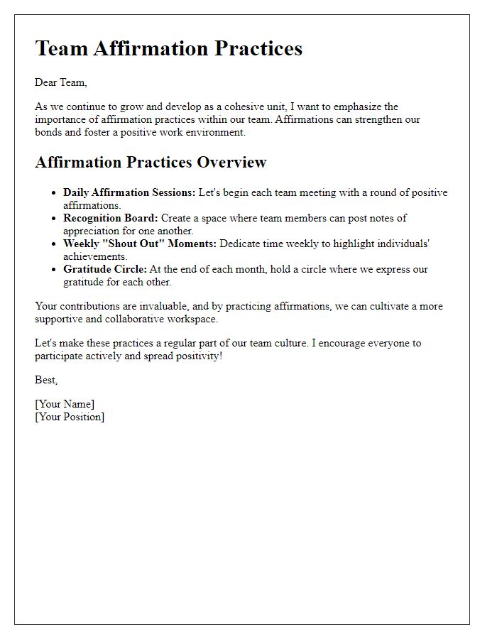 Letter template of affirmation practices for team building