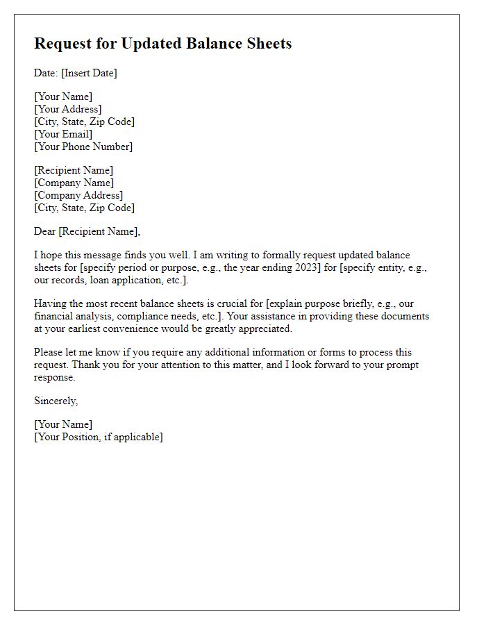 Letter template of application for updated balance sheets.